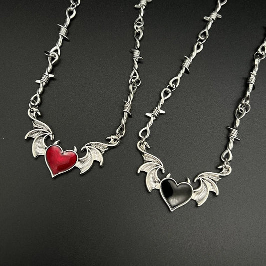 Aesthetic Goth Devil Heart Barbed Wire Choker Necklace – Punk Hip Hop Y2K Vampire Jewelry