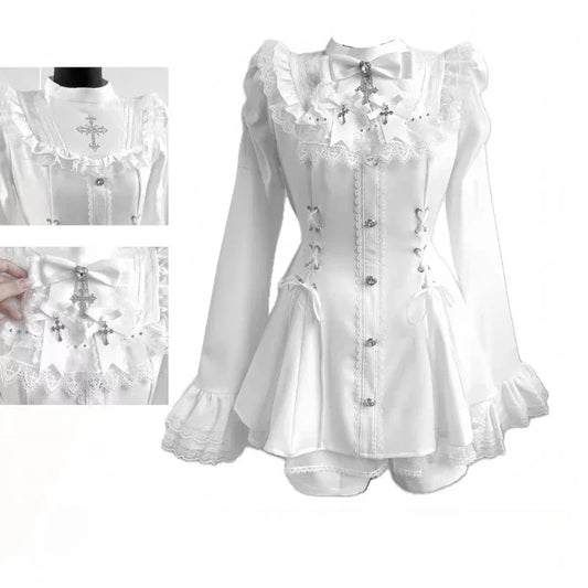 Japanese Gothic Lolita Dress Set – Harajuku Y2K Bow & Lace Mini Dress for Women