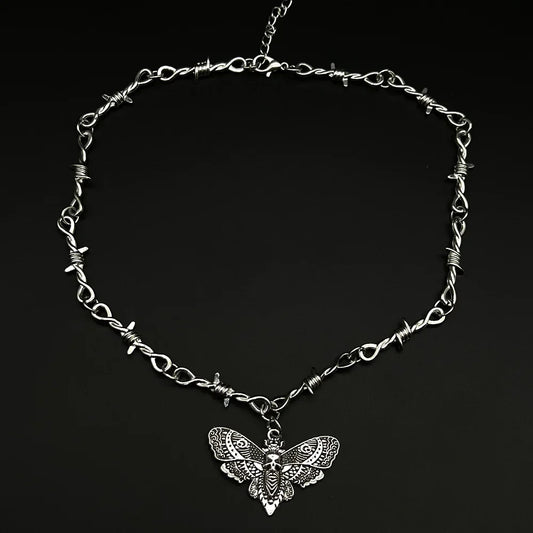 Goth Moth Skull Barbed Wire Cross Pendant Choker Necklace – Punk Hip Hop Y2K Vampire Jewelry