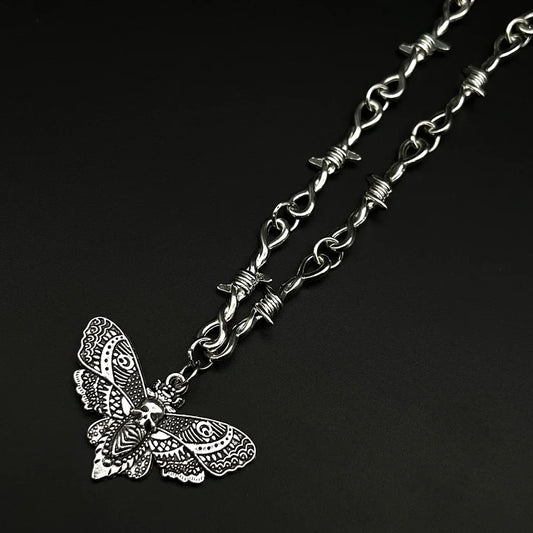 Goth Moth Skull Barbed Wire Cross Pendant Choker Necklace – Punk Hip Hop Y2K Vampire Jewelry