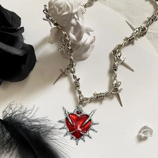 Punk Goth Red Heart Pendant Necklace – Vintage Thorn Knot Chain for Women & Men