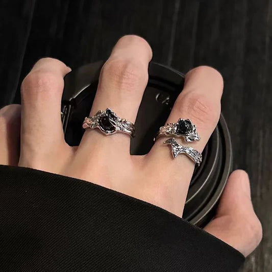 Gothic Irregular Gemstone Ring – Adjustable Black Stone Liquid Punk Jewelry for Women
