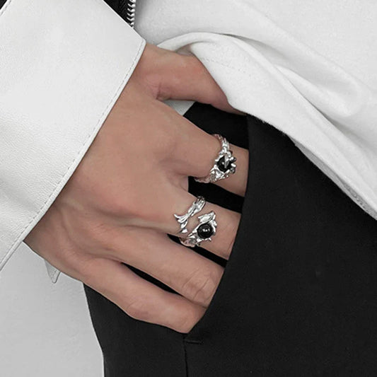 Gothic Irregular Gemstone Ring – Adjustable Black Stone Liquid Punk Jewelry for Women