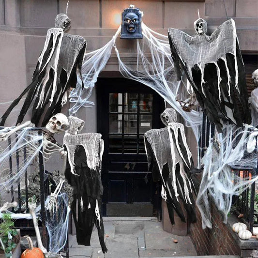 1 Set Halloween Hanging Ghost Skull Decoration – Spooky Skeleton Gauze Prop for Haunted House & Yard Parties